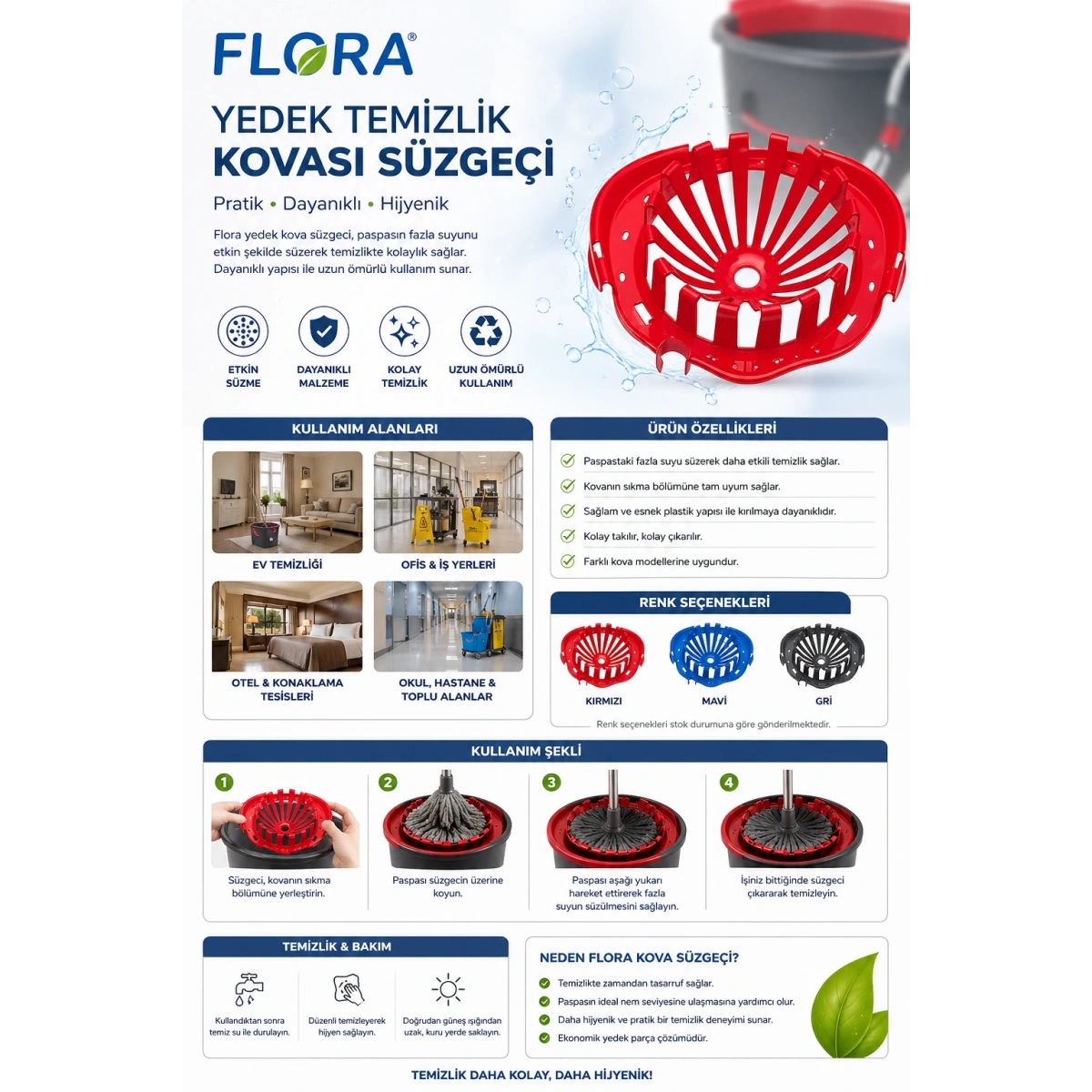 Flora Yedek Temizlik Kovası Süzgeci (Renklerden stokta hangisi varsa biri gönderilir) 1 Adet