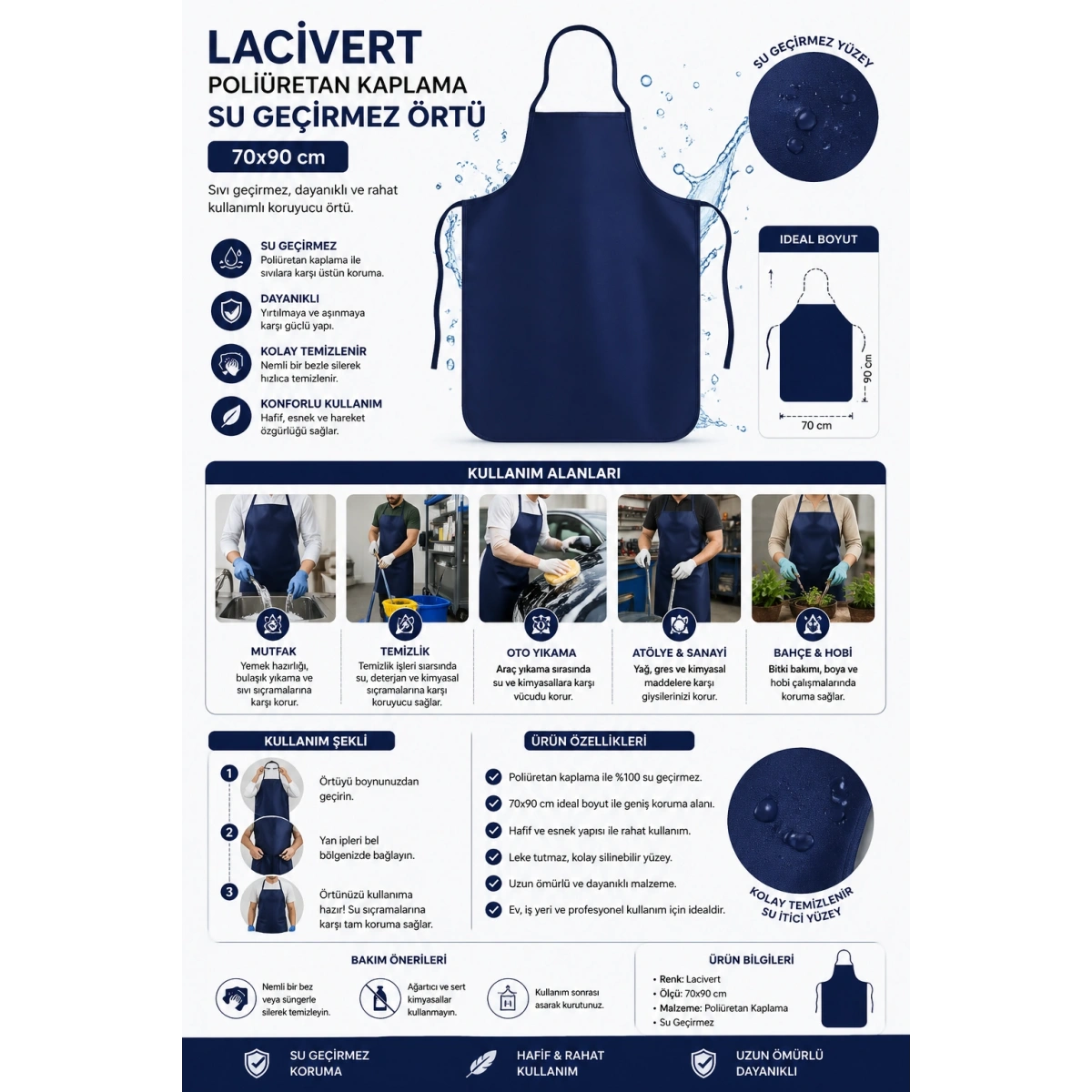 Lacivert Poliüretan Kaplama Su Geçirmez Bulaşık Önlüğü 70x90 cm