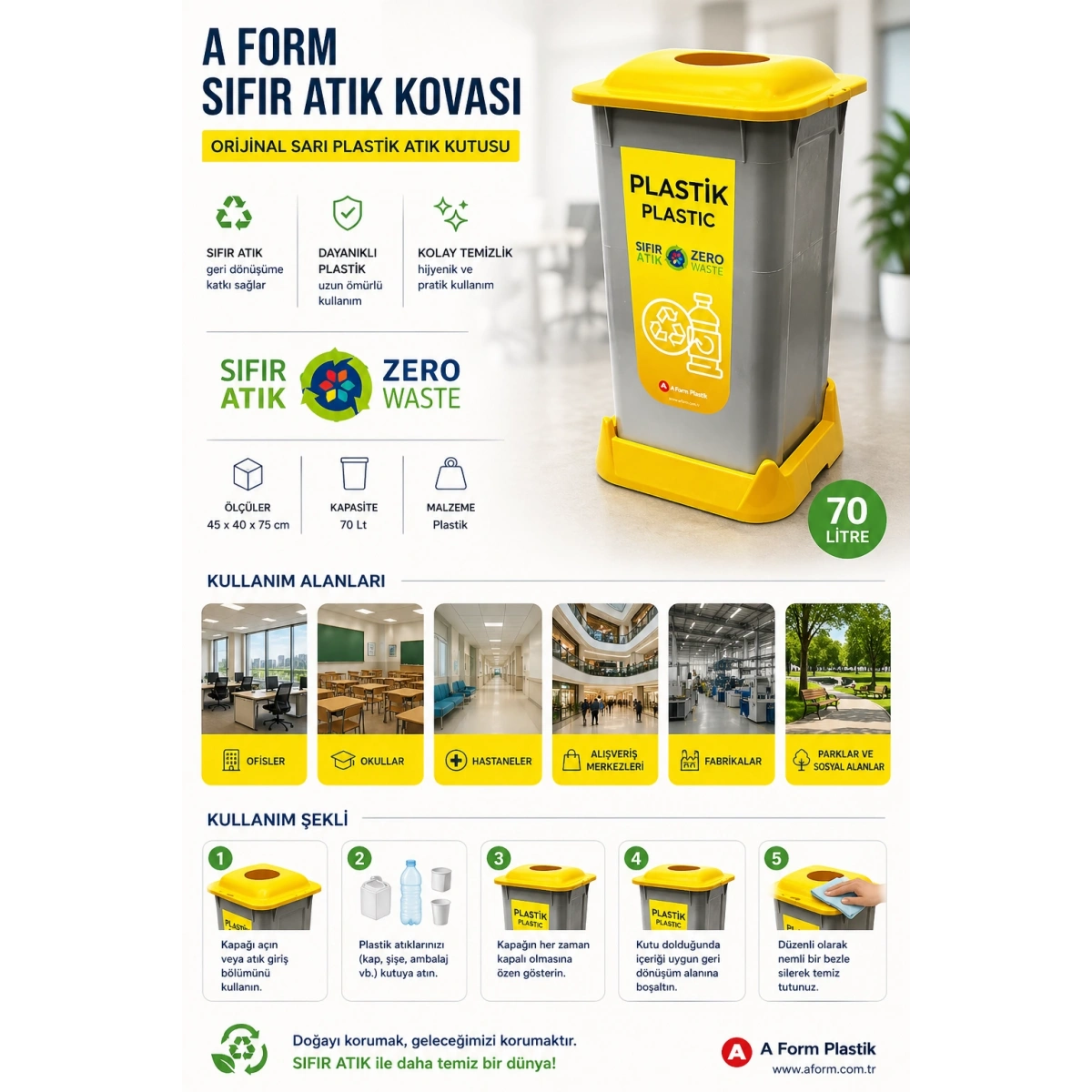 A FORM Sıfır Atık Kovası Orijinal Sarı Plastik Atık Kutusu 45x40x75 cm 70 Lt