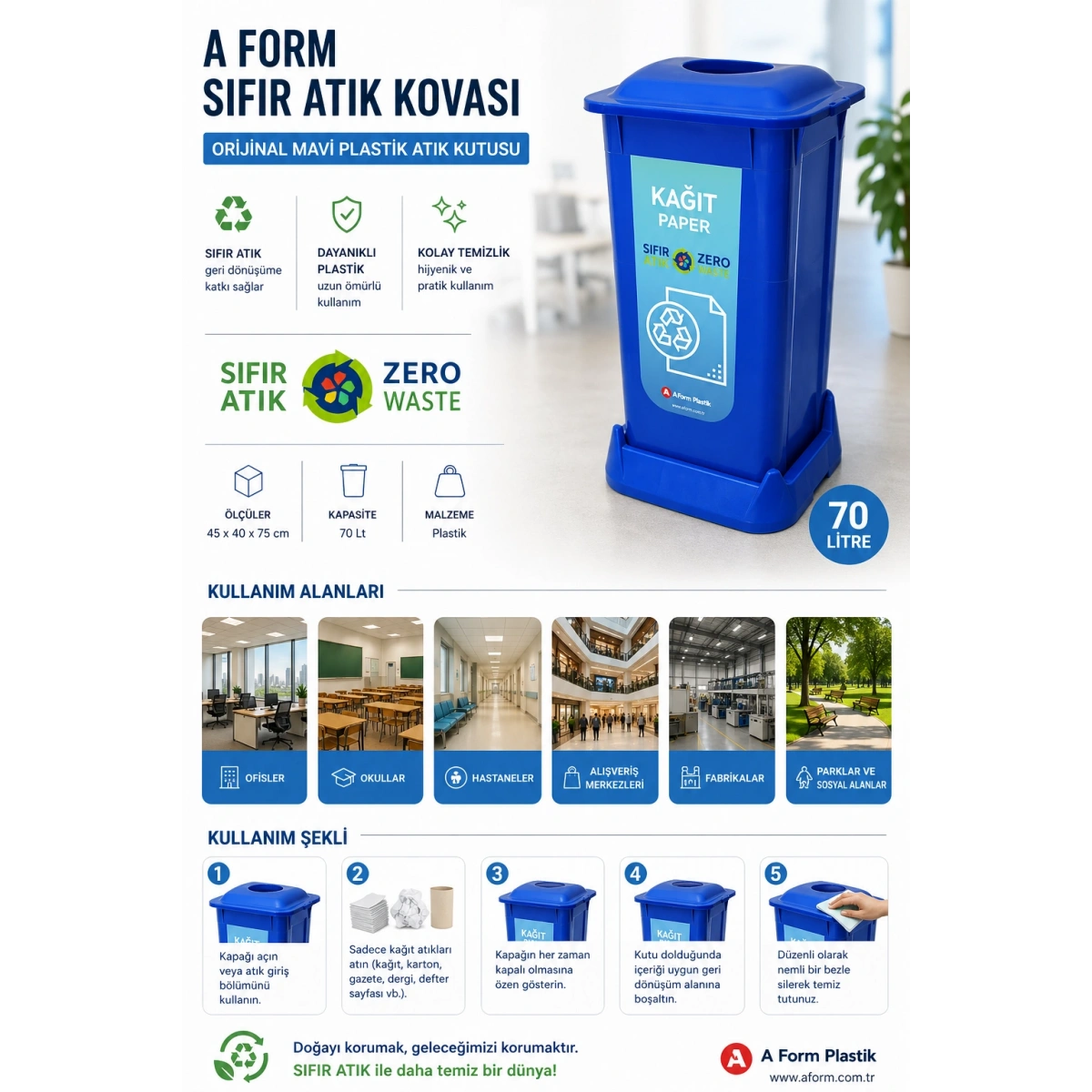 A FORM Sıfır Atık Kovası Orijinal Mavi Plastik Atık Kutusu 45x40x75 cm 70 Lt