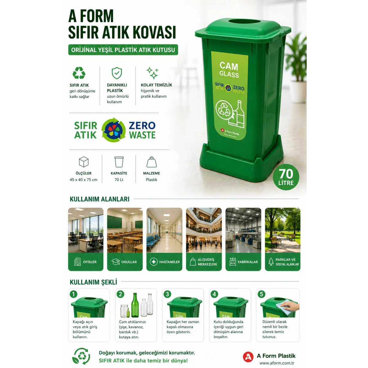 A FORM Sıfır Atık Kovası Orijinal Yeşil Plastik Atık Kutusu 45x40x75 cm 70 Lt