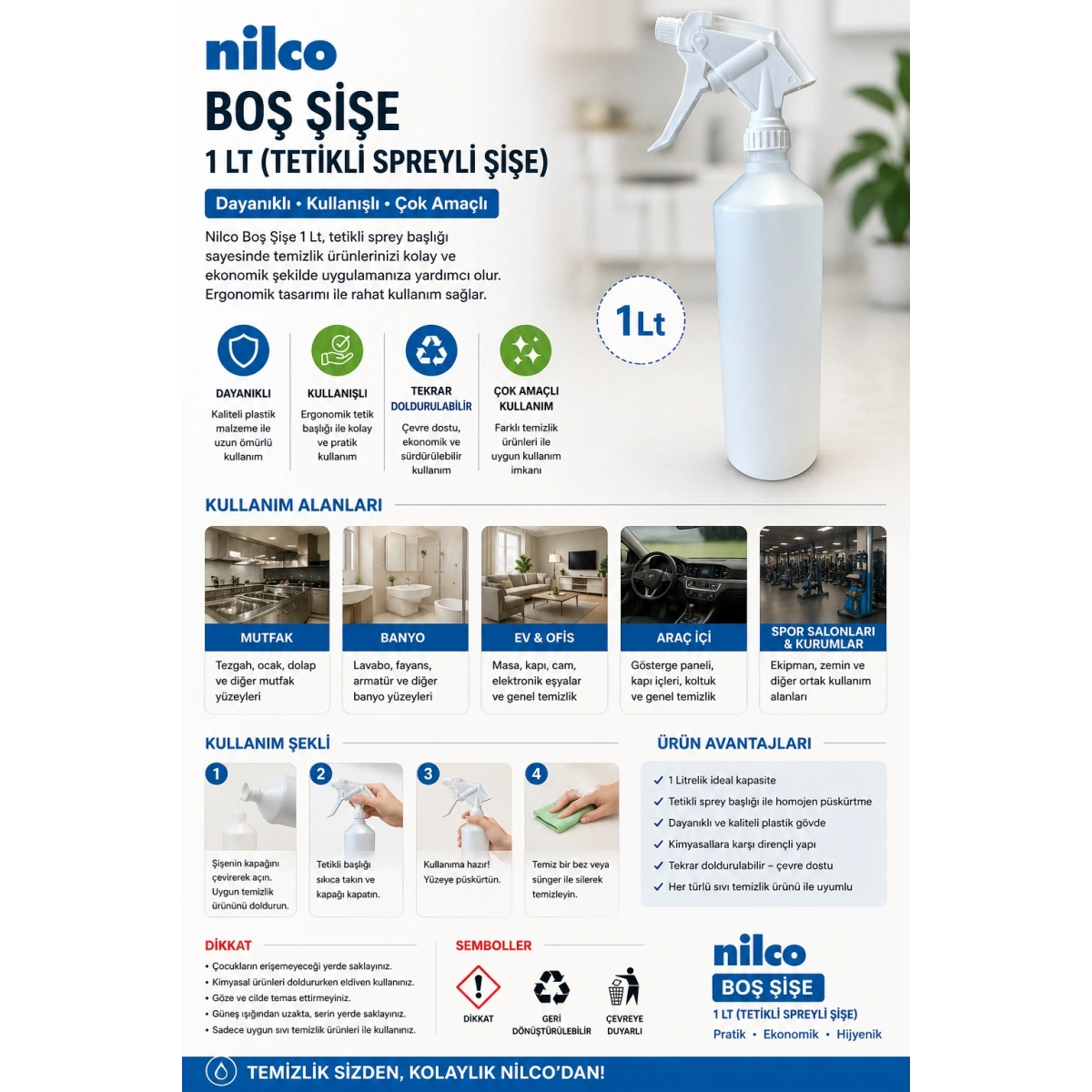 NILCO Boş Şişe 1 Lt (Tetikli Spreyli Şişe)