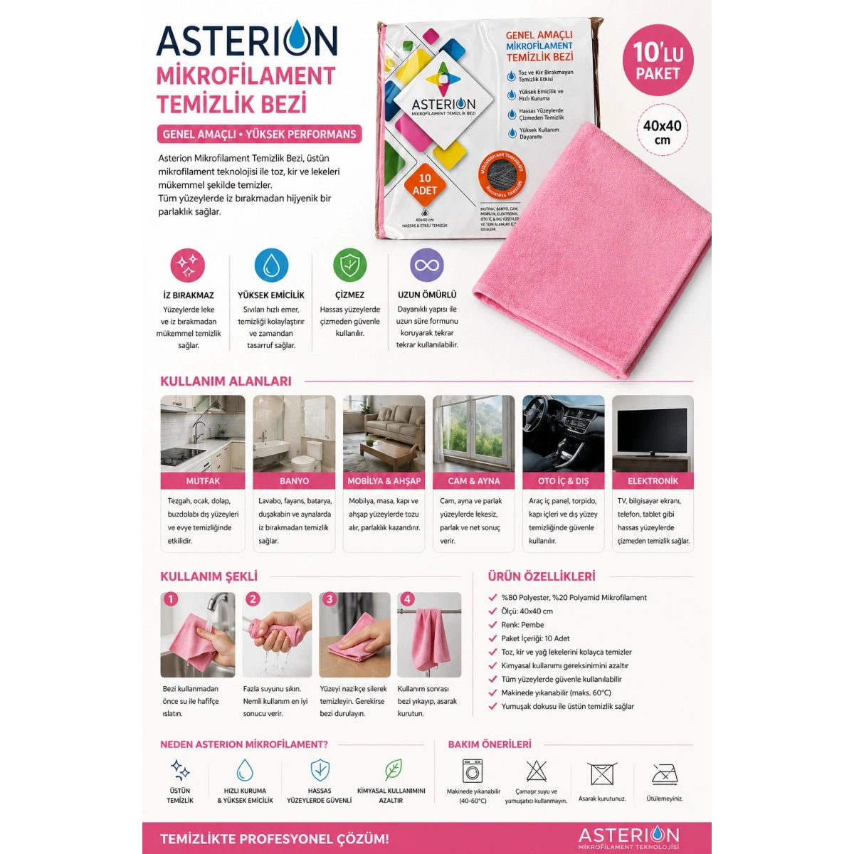 Asterion Mikrofilament Pembe Temizlik Bezi 40x40 cm 10lu