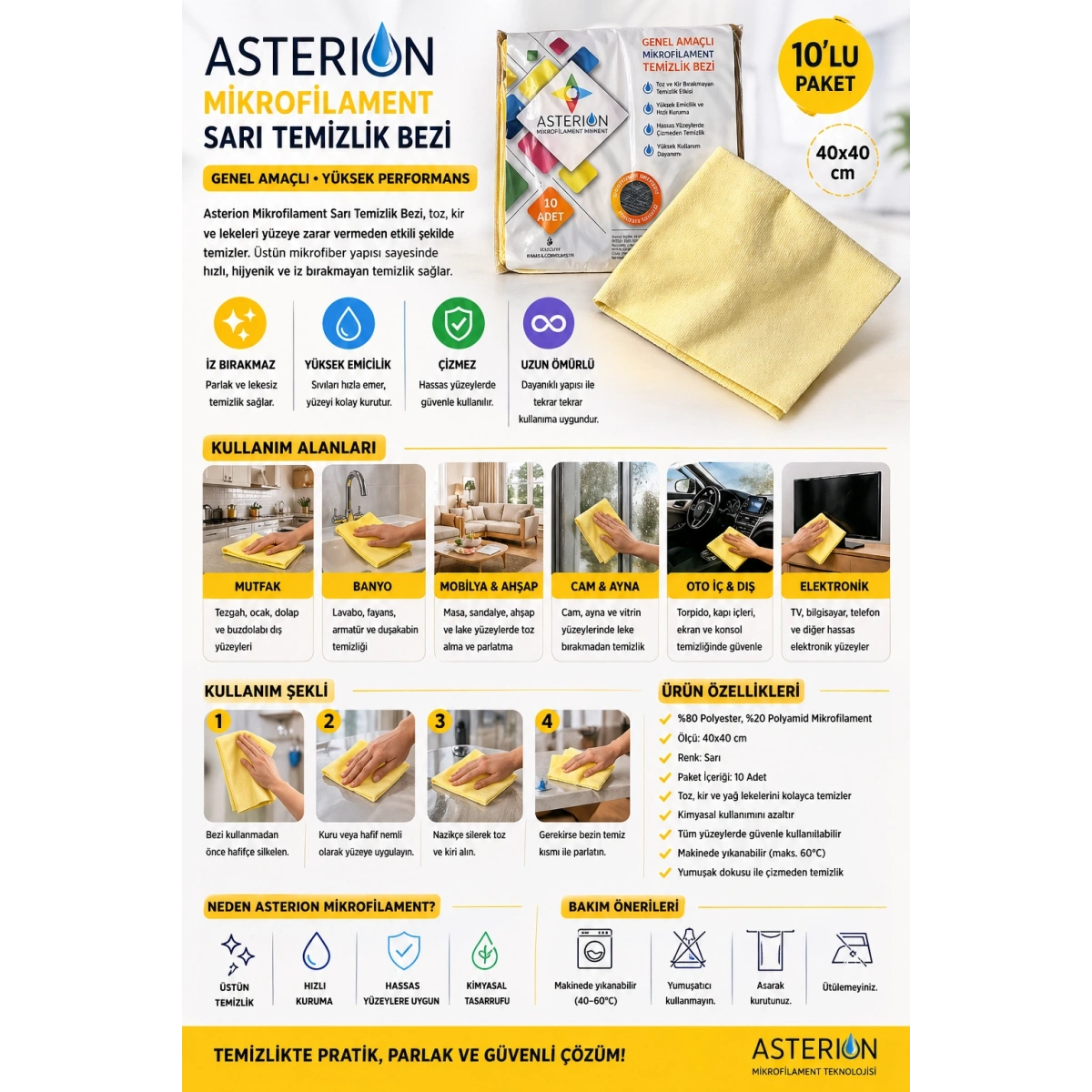 Asterion Mikrofilament Sarı Temizlik Bezi 40x40 cm 10lu