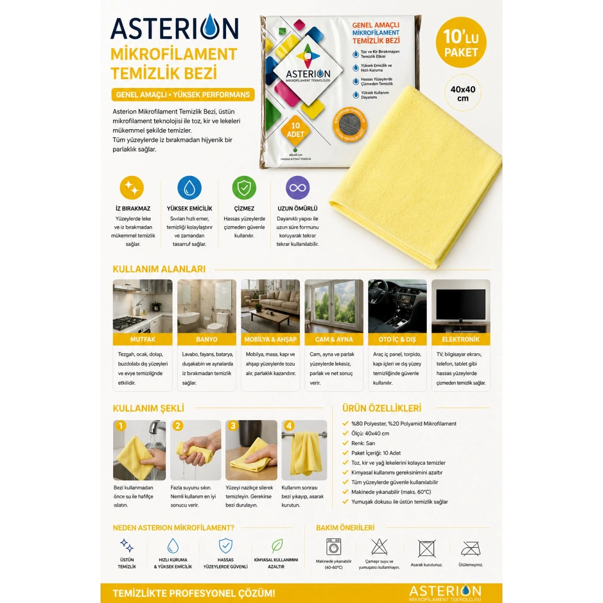 Asterion Mikrofilament Sarı Temizlik Bezi 40x40 cm 10lu