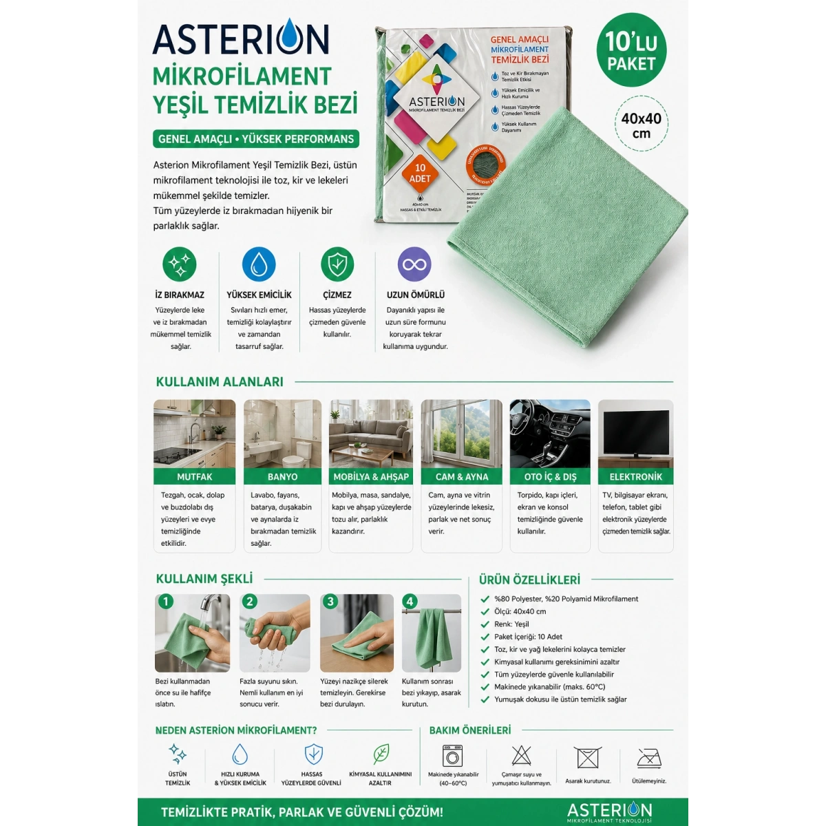 Asterion Mikrofilament Yeşil Temizlik Bezi 40x40 cm 10lu