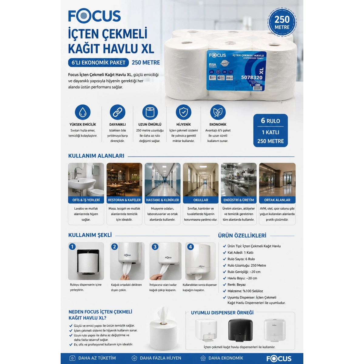 Focus İçten Çekmeli Kağıt Havlu XL 6lı 250 Mt