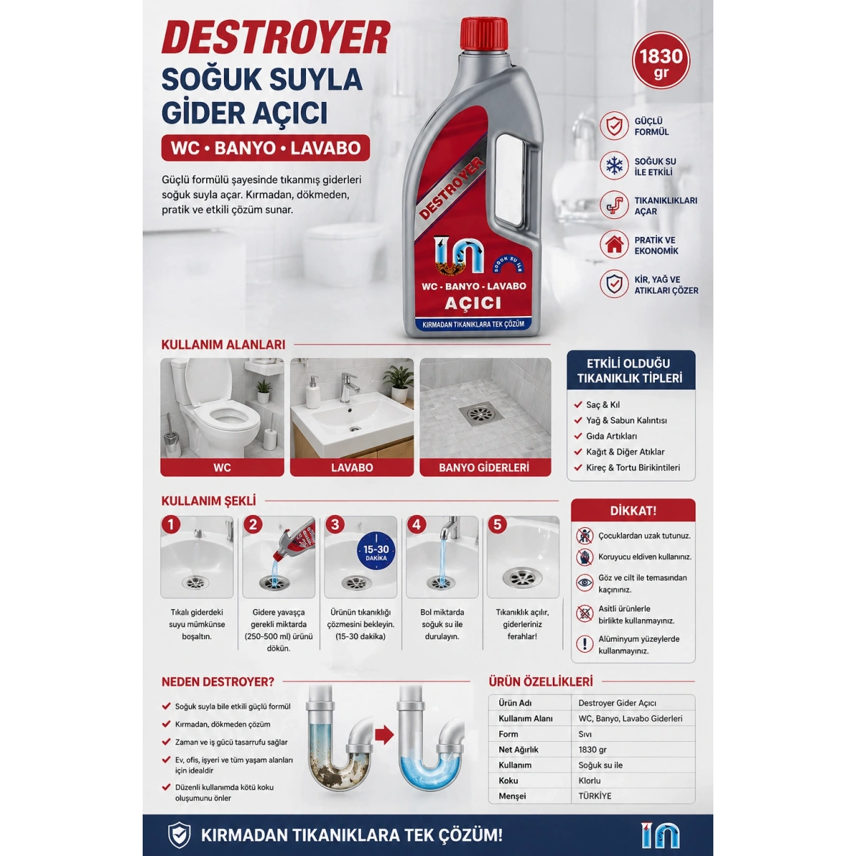 Destroyer Soğuk Suyla Banyo WC Lavabo Gider Açıcı 1830 gr