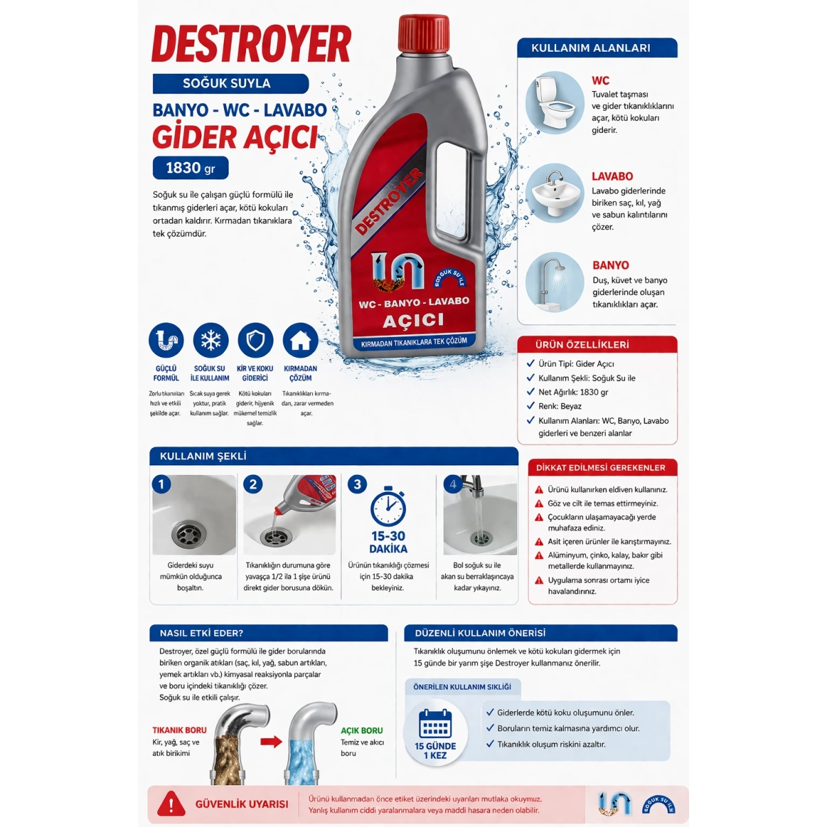 Destroyer Soğuk Suyla Banyo WC Lavabo Gider Açıcı 1830 gr