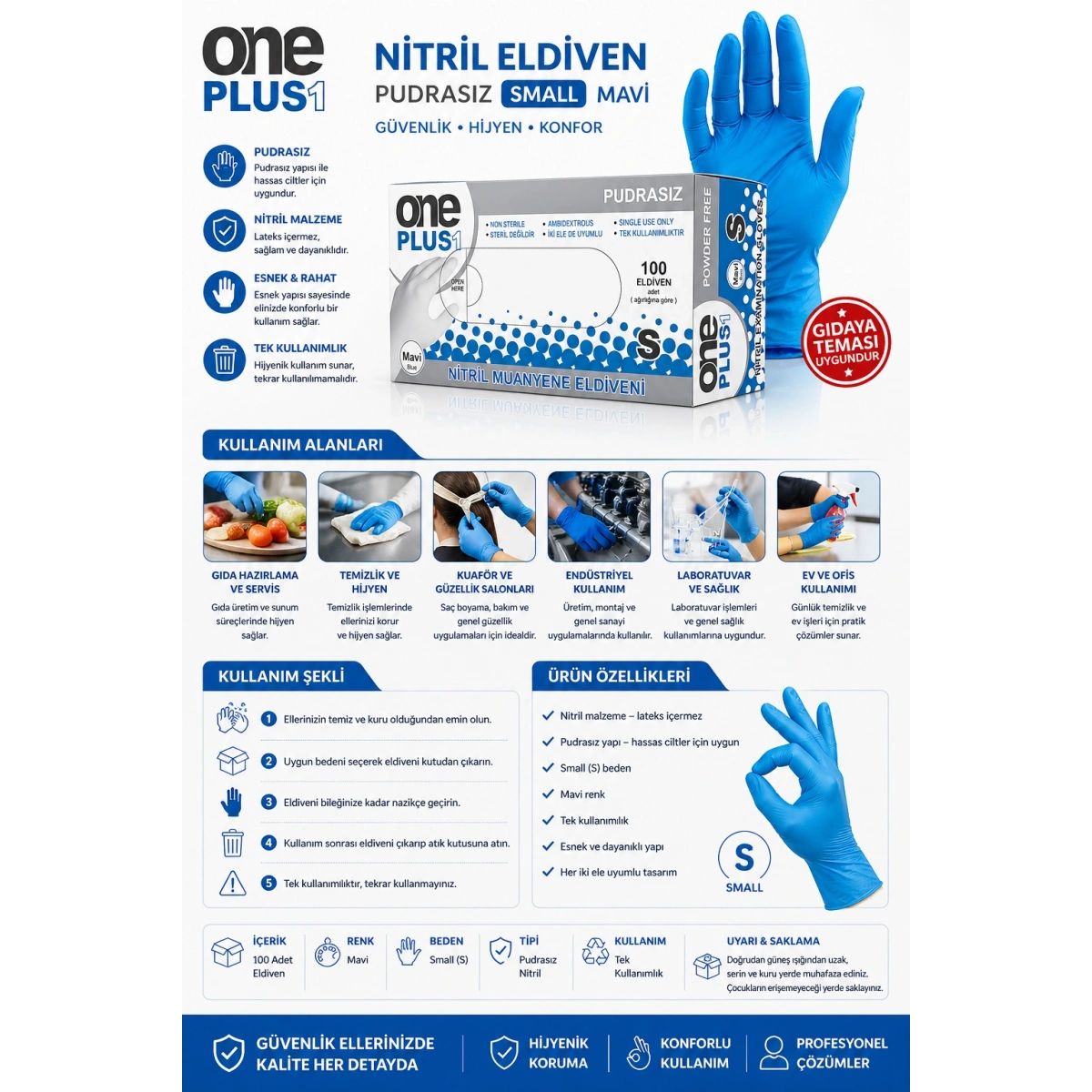 One Plus Nitril Eldiven Pudrasız Small Mavi