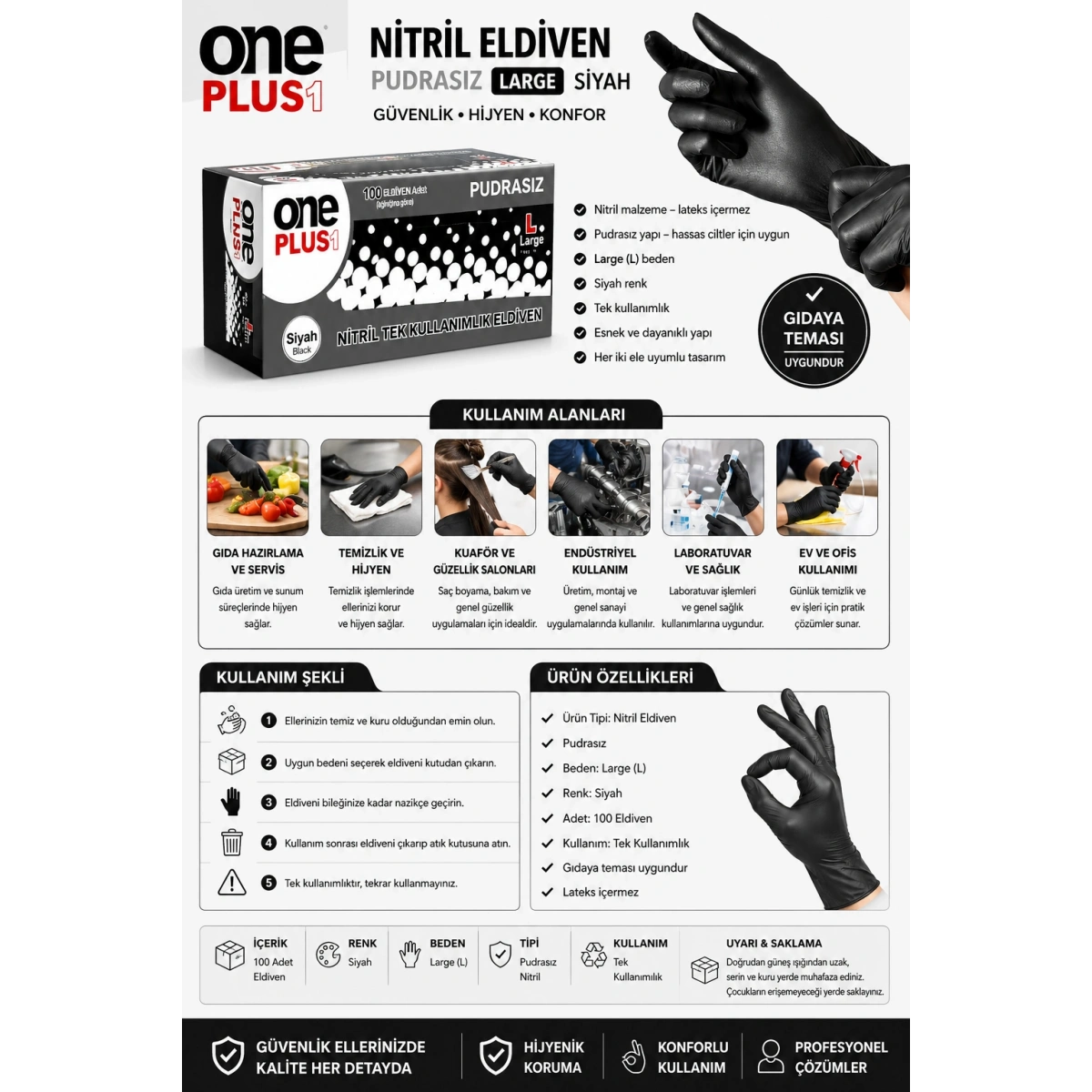 One Plus Nitril Eldiven Pudrasız Larc Siyah 100lü Paket