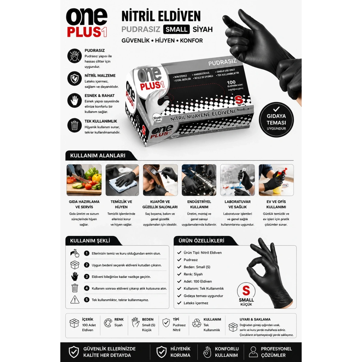 One Plus Nitril Eldiven Pudrasız Small Siyah 100lü Paket
