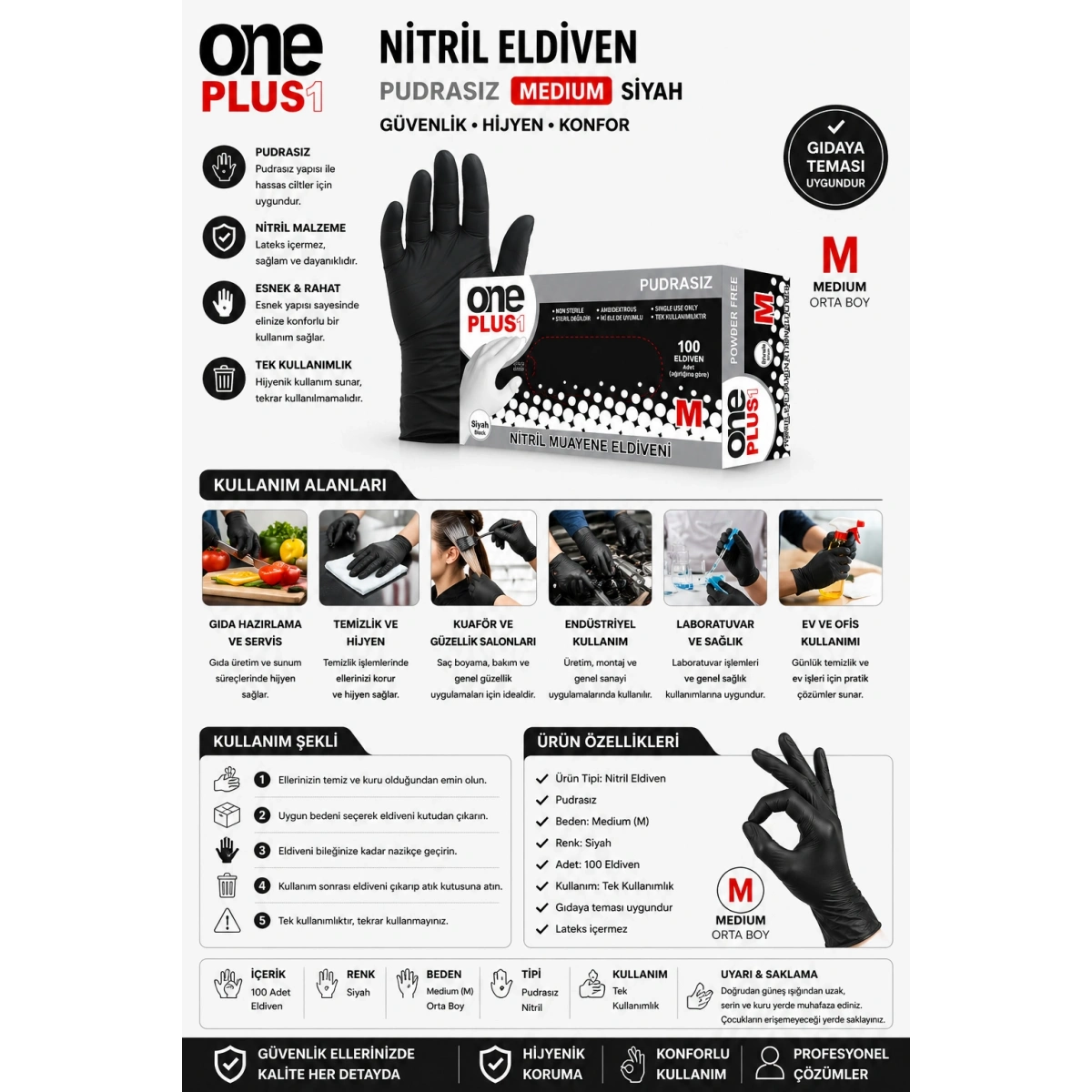 One Plus Nitril Eldiven Pudrasız Medium Siyah 100lü Paket
