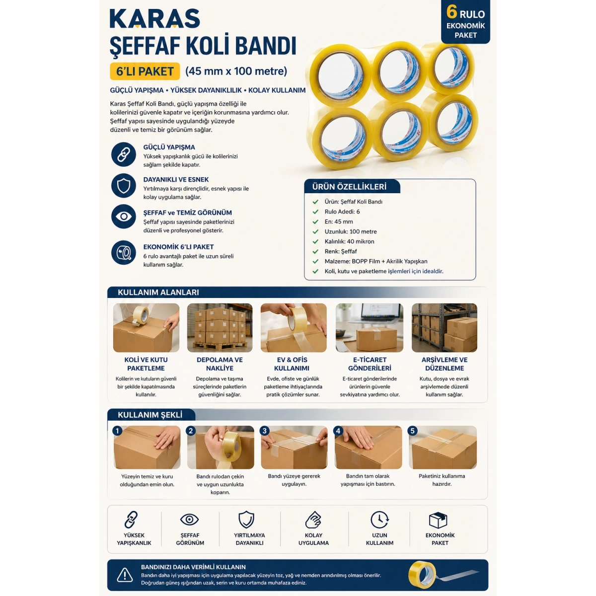 Karas Şeffaf Koli Bandı 6lı Paket (45 mm*100 metre)