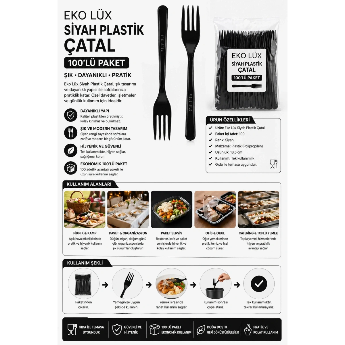 Eko Lüx Siyah Plastik Çatal 50li