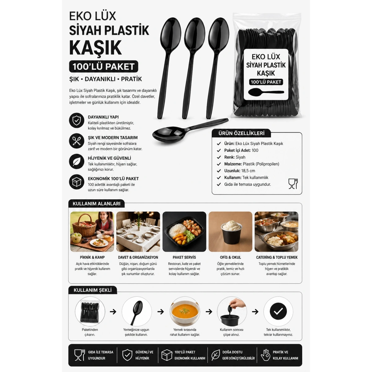 Eko Lüx Siyah Plastik Kaşık 100lü