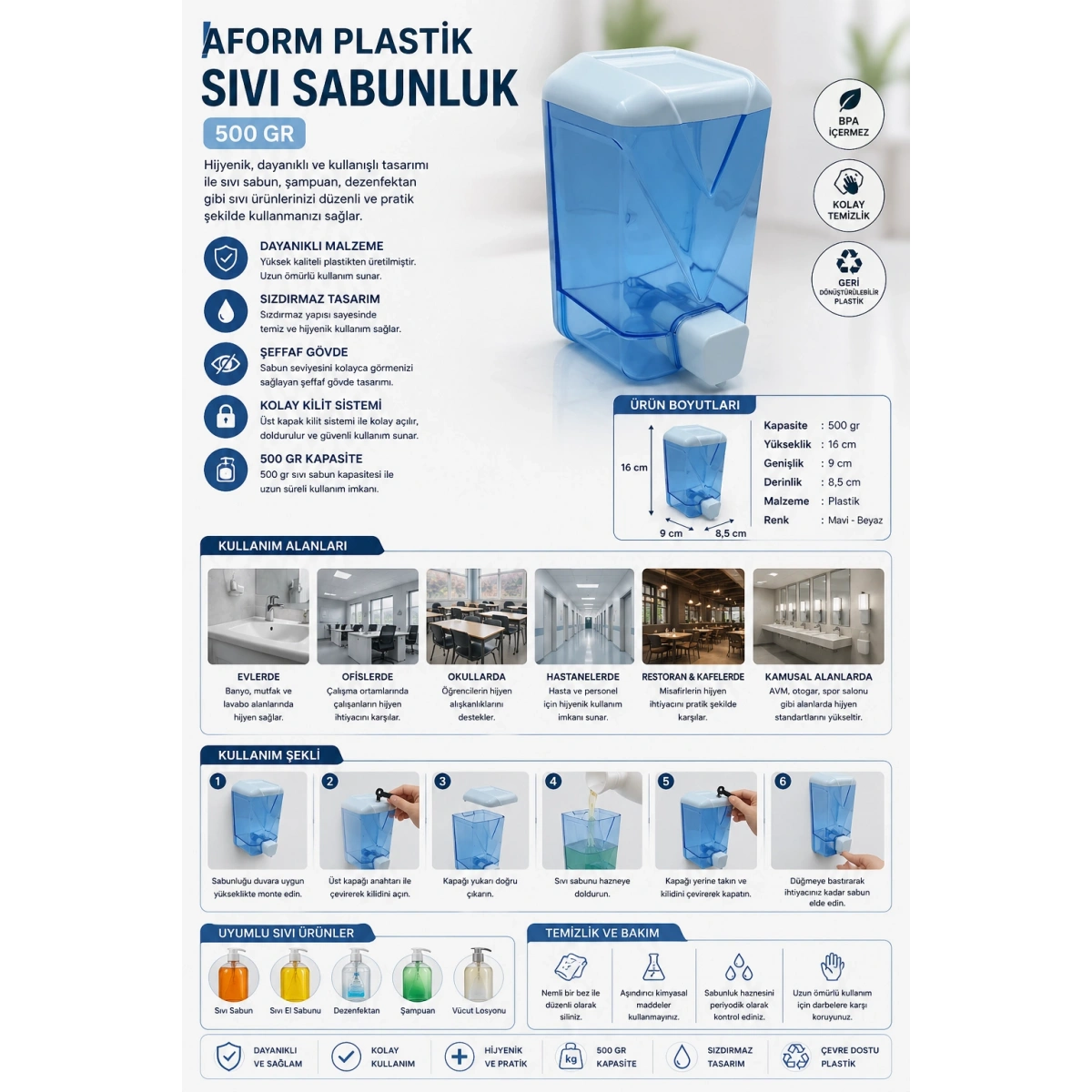 Aform Plastik Sıvı Sabunluk 500 gr