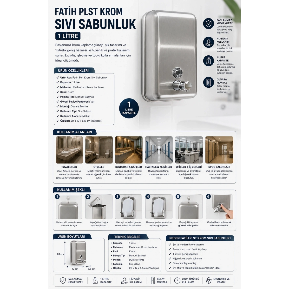 Fatih Plst Krom Sıvı Sabunluk 1 L