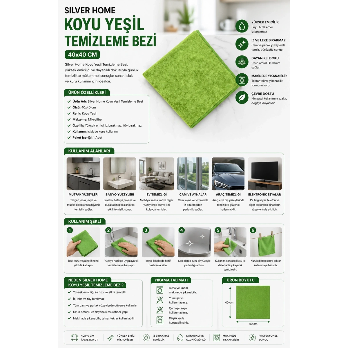 Silver Home Koyu Yeşil Temizleme Bezi 40x40 cm