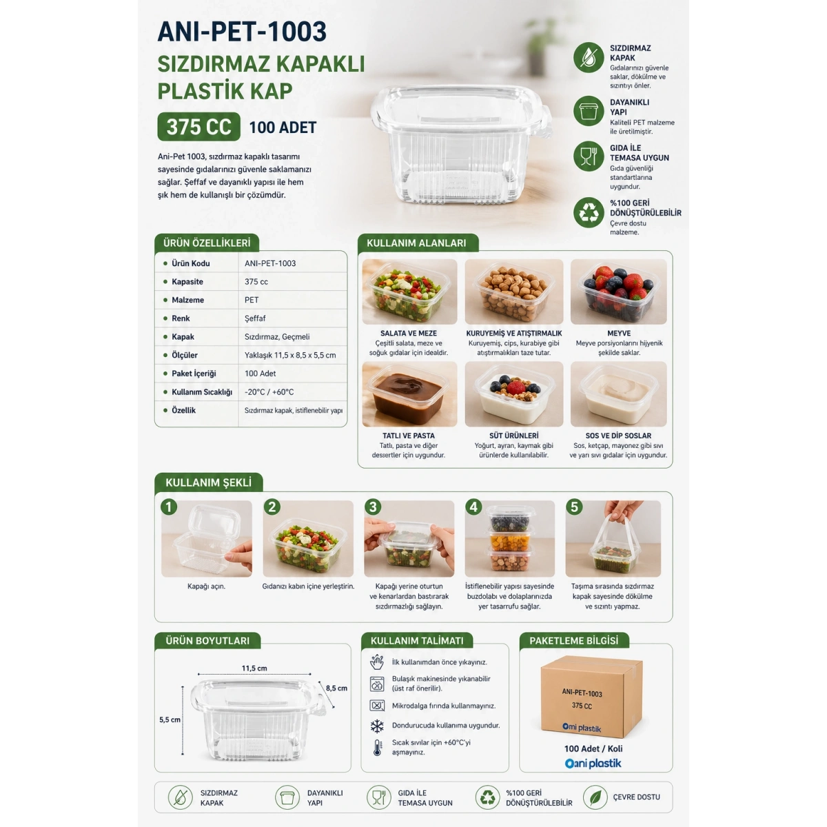 Anı Plastik ANI-PET-1003 Sızdırmaz Kapaklı Plastik Kap 375 cc 100 Adet