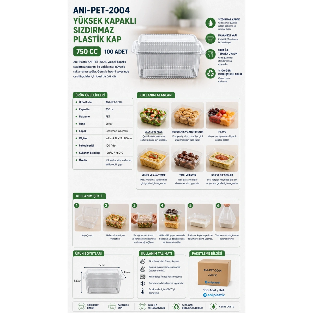 Anı Plastik ANI-PET-2004 Yüksek Kapaklı Sızdırmaz Plastik Kap 750 cc 100lü