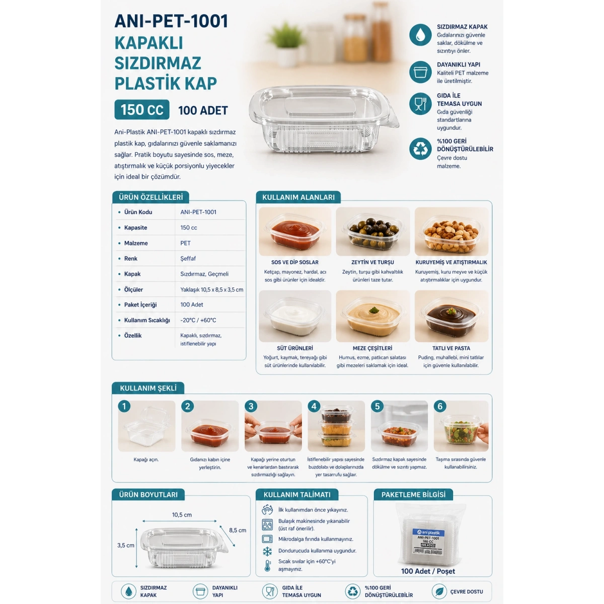 Anı Plastik ANI-PET-1001 Kapaklı Sızdırmaz Plastik Kap 150 cc 100 Adet