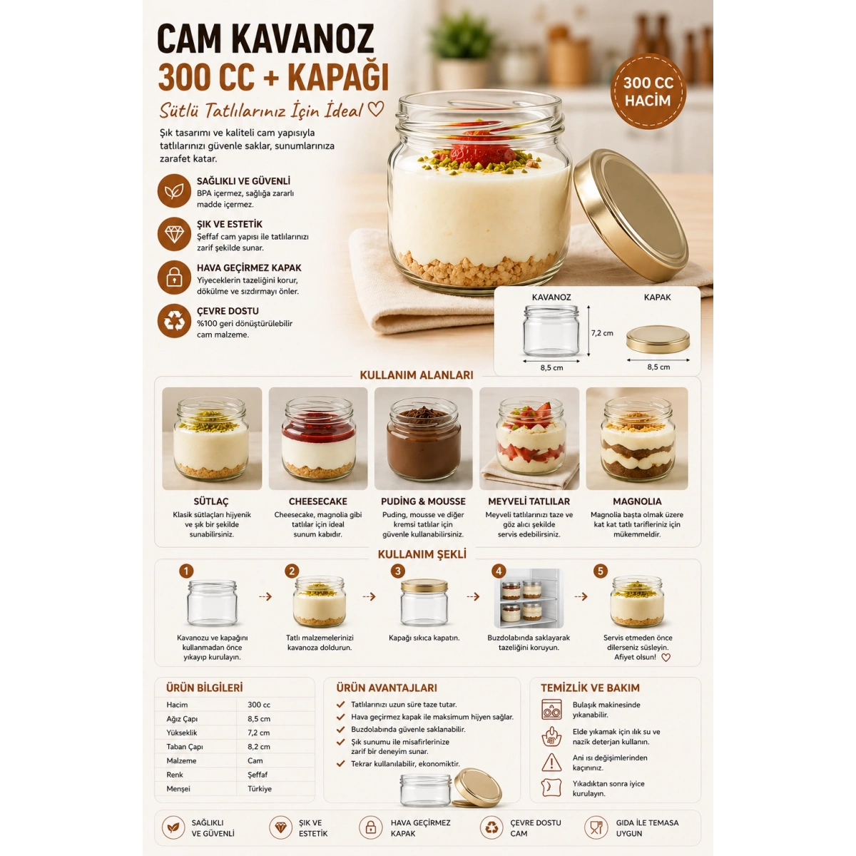 Cam Kavanoz 300 cc ve Kapağı