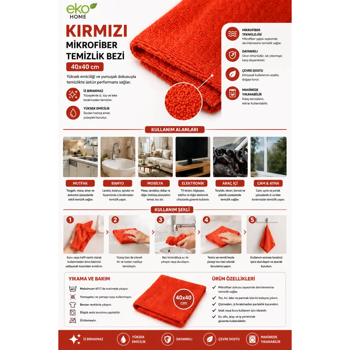 Eko Home Kırmızı Mikrofiber Temizlik Bezi 40x40 cm