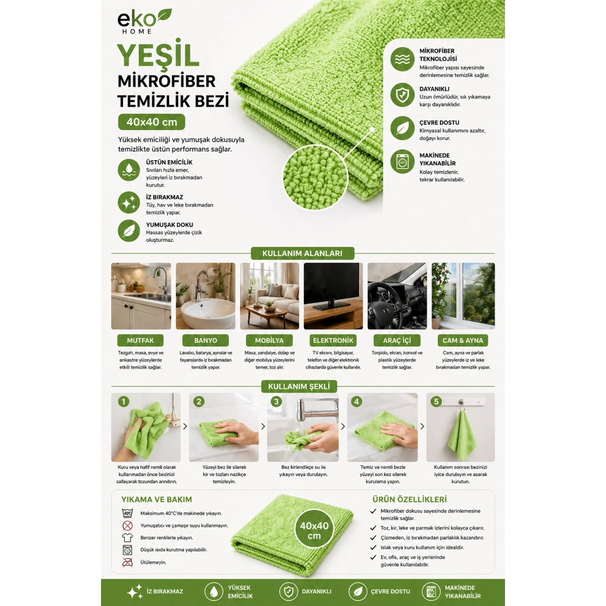 Eko Home Yeşil Mikrofiber Temizlik Bezi 40x40 cm