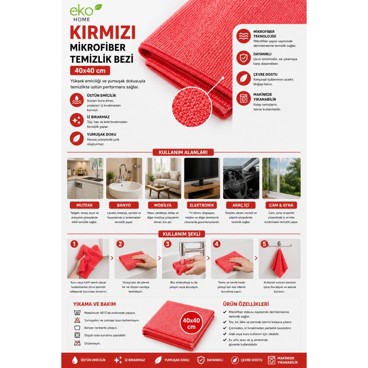 Eko Home Kırmızı Mikrofiber Temizlik Bezi 40x40 cm