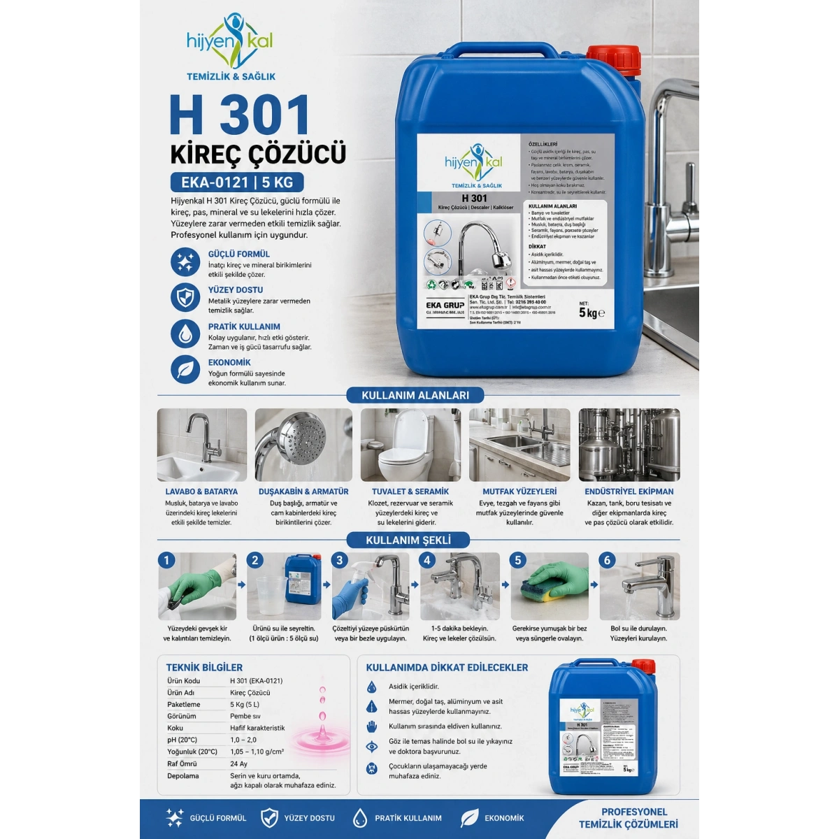 Hijyenkal EKA-0121 Kireç Çözücü H 301 5 Kg