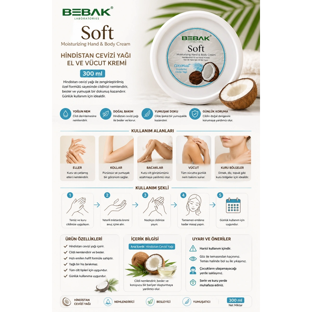 Bebak Hindistan Cevizi Yağı El ve Vücut Kremi 300 ml