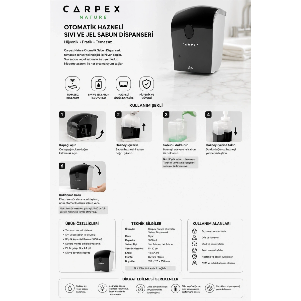 Carpex Nature Siyah Otomatik Hazneli Sıvı Ve Jel Sabun Dispanseri