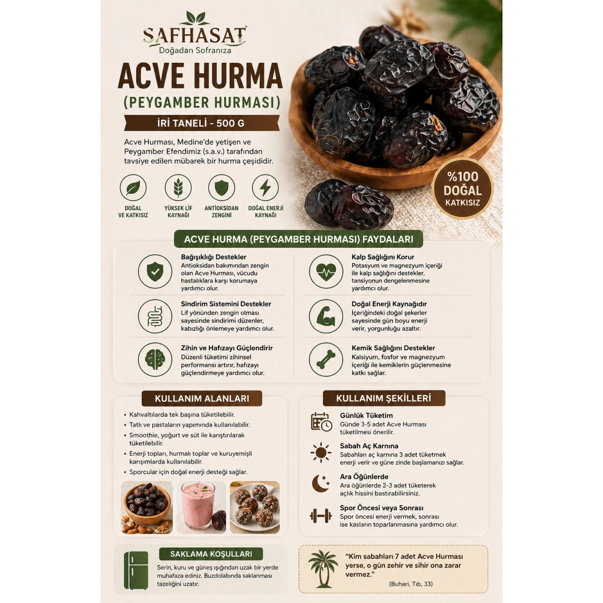 Safhasat İri Taneli Acve Hurma (Peygamber Hurması) 500 g