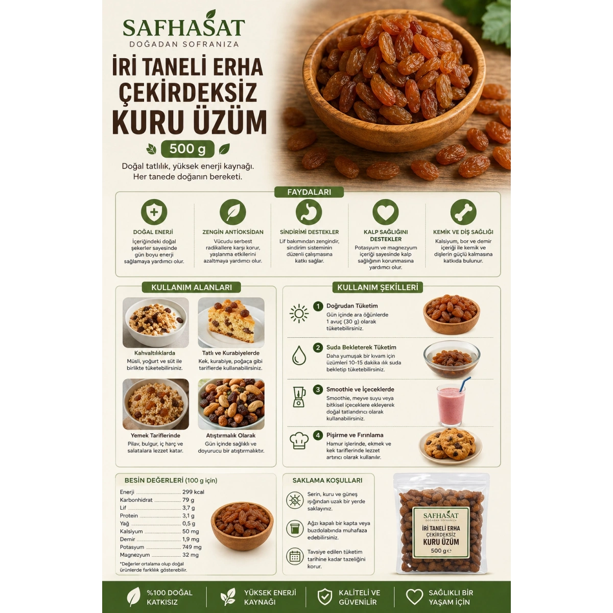 Safhasat İri Taneli ErHa Çekirdeksiz Kuru Üzüm 500 g
