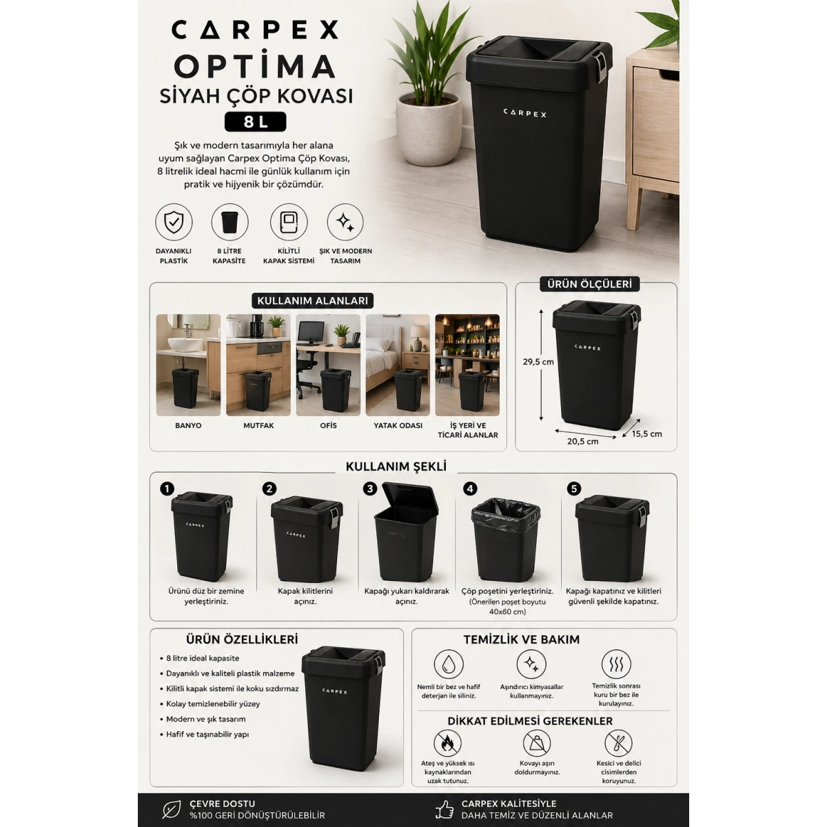 Carpex Optima Siyah Çöp Kovası 8 L