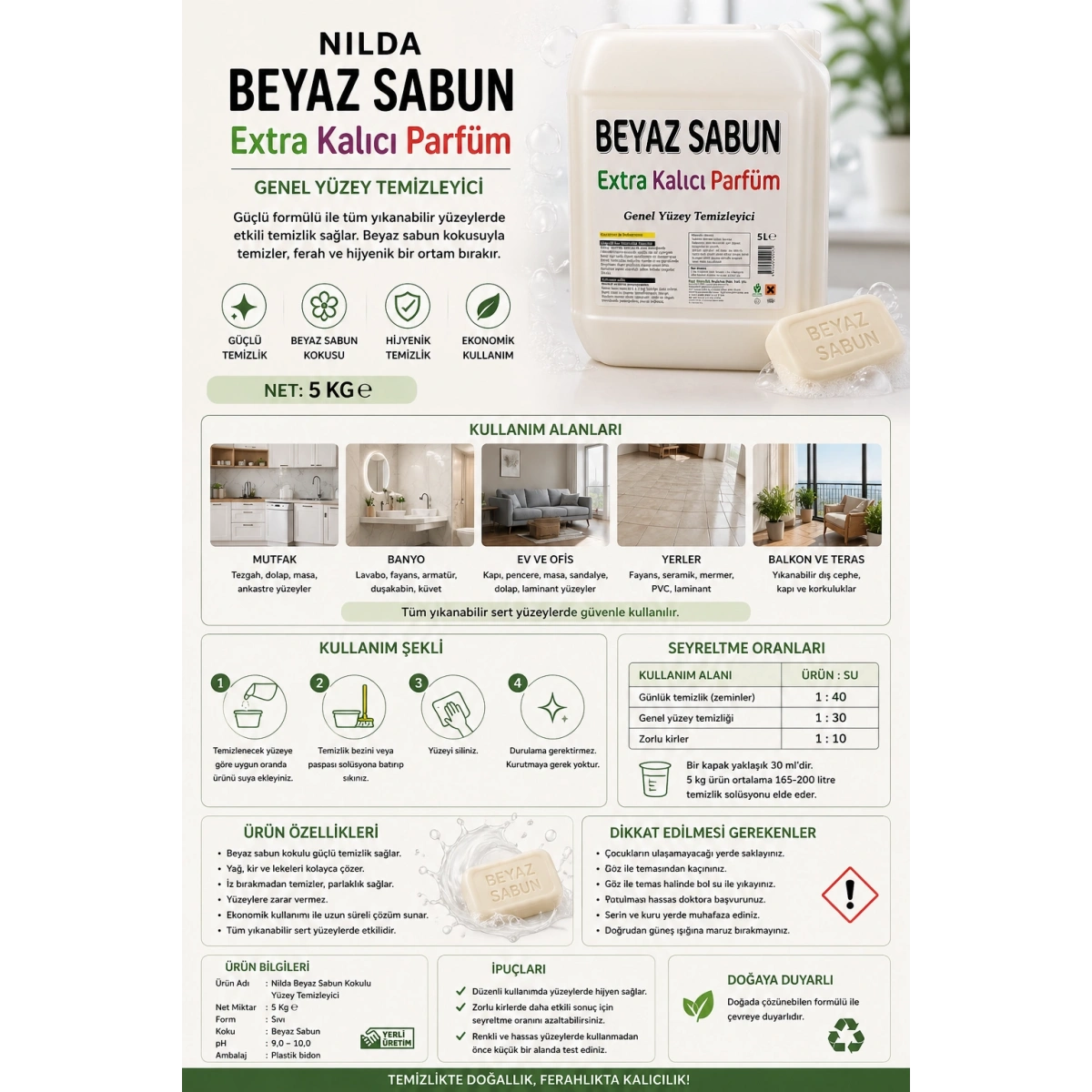 Nilda  Beyaz Sabun Kokulu Yüzey Temizleyici 5 Kg