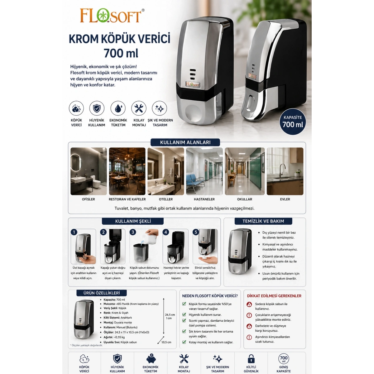 Flosoft Krom Köpük Verici 700 ml