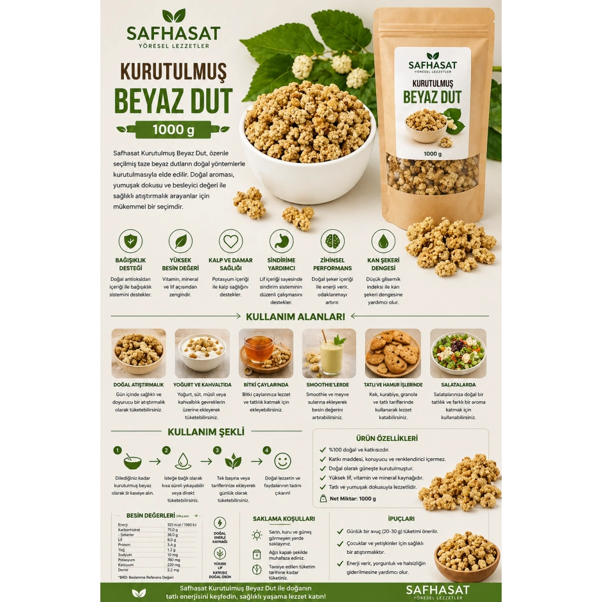 Safhasat Kurutulmuş Beyaz Dut 1000 g