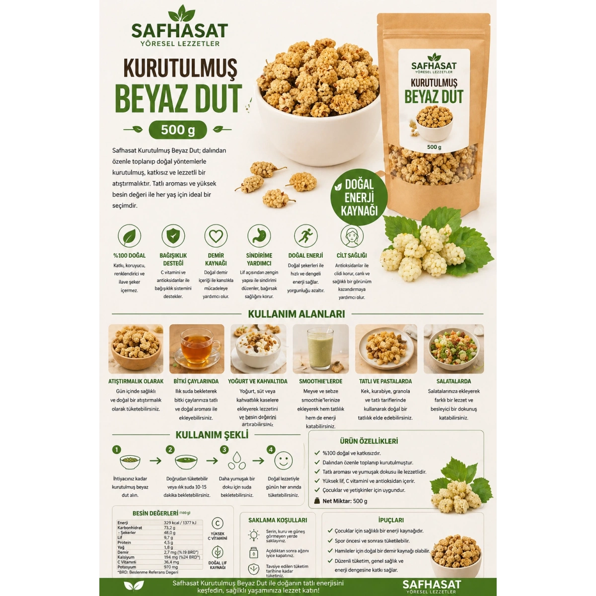 Safhasat Kurutulmuş Beyaz Dut 500 g
