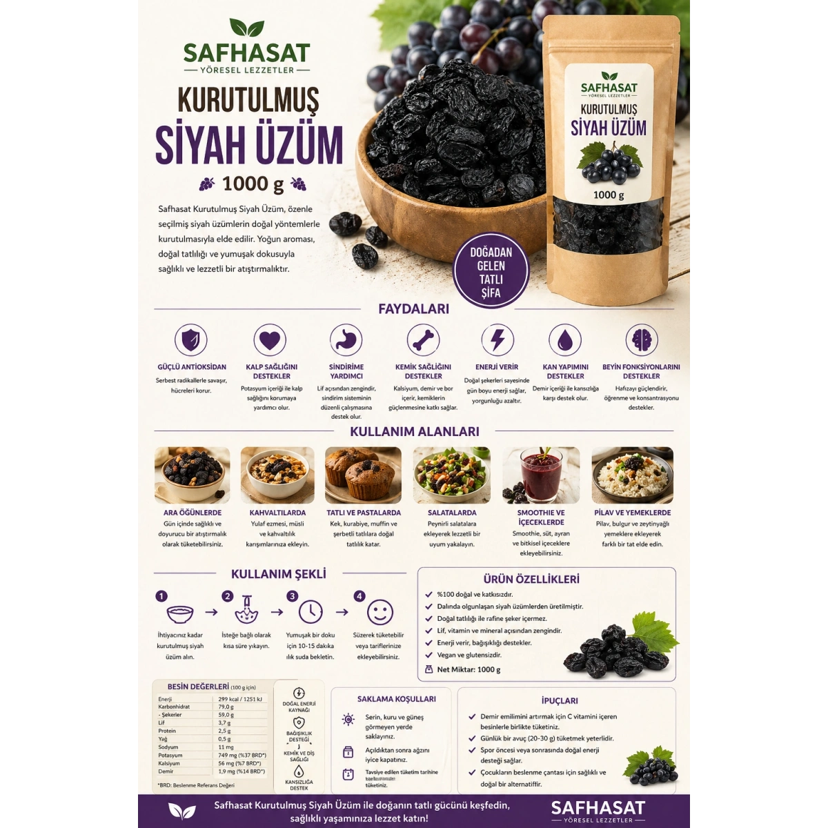 Safhasat Kurutulmuş Siyah Üzüm 1000 g