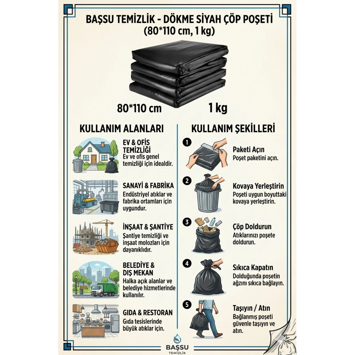 Başsu Temizlik Dökme Siyah Çöp Poşeti 80*110 cm 1 kg