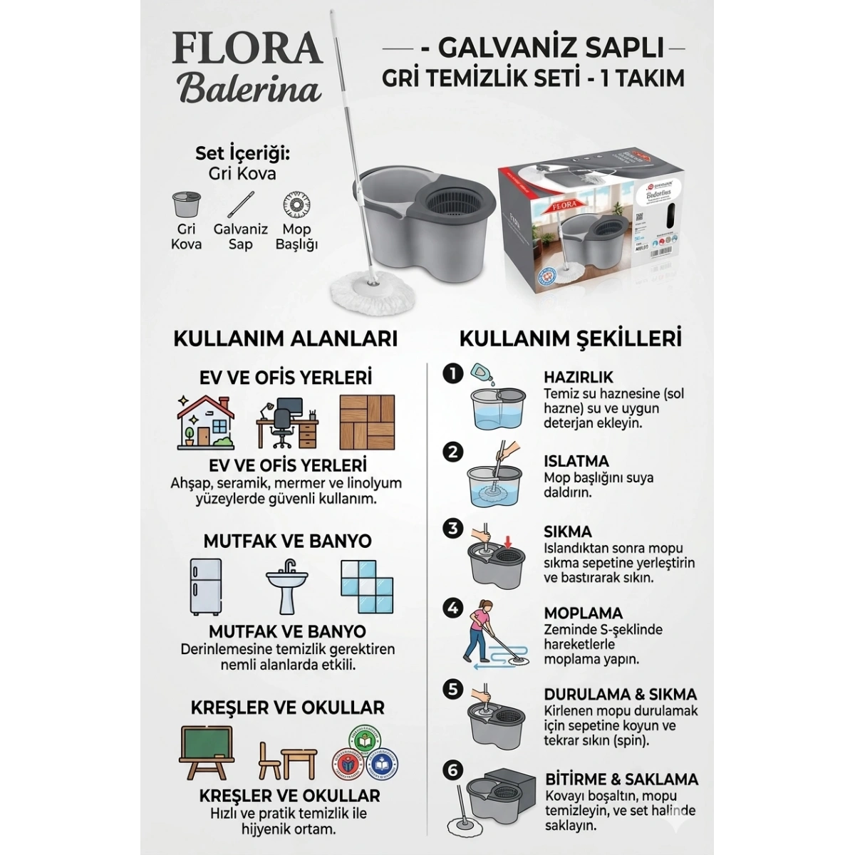 Flora Balerina Galvaniz Saplı Gri Temizlik Seti 1 Takım