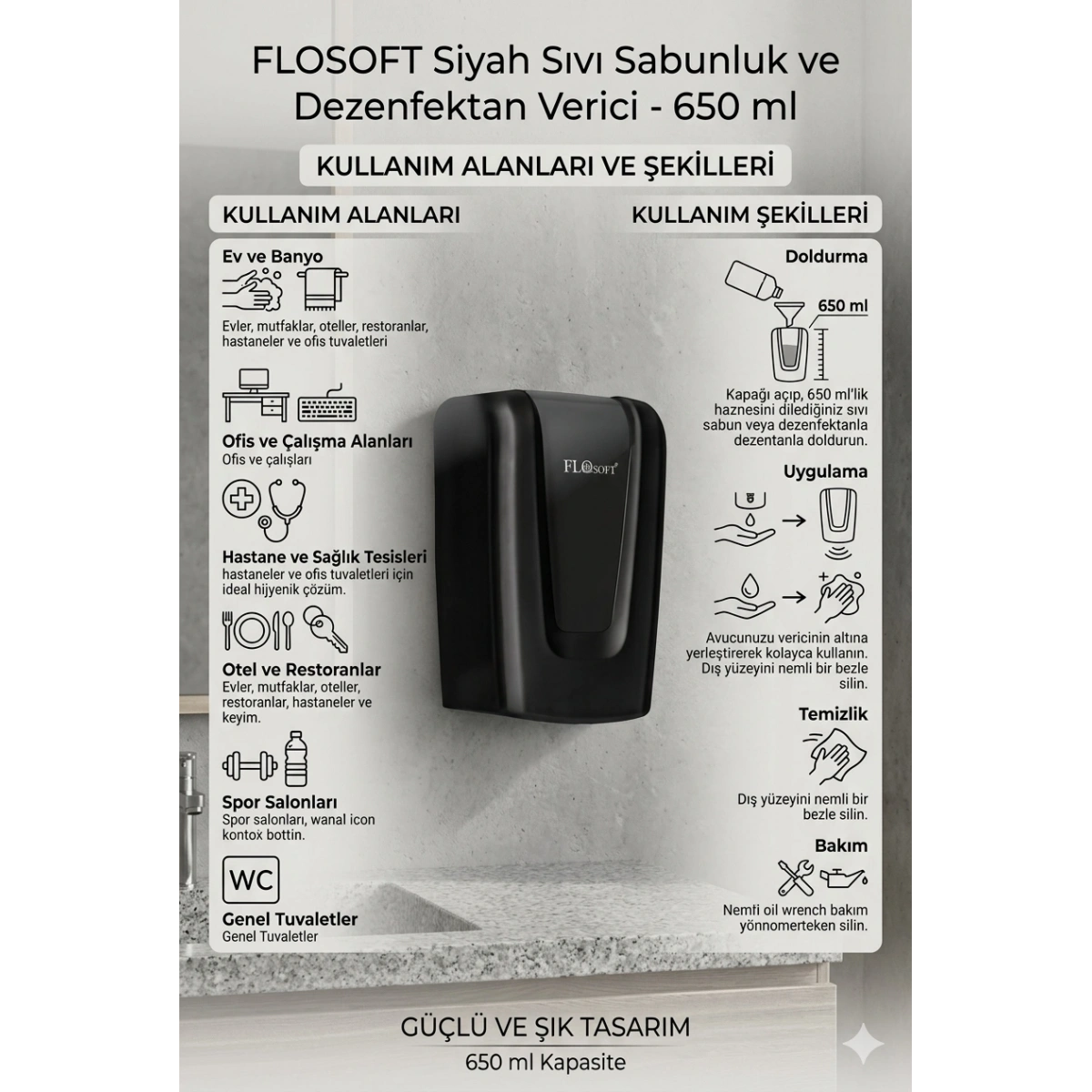 Flosoft Siyah Sıvı Sabunluk Ve Dezenfektan Verici 650 ml