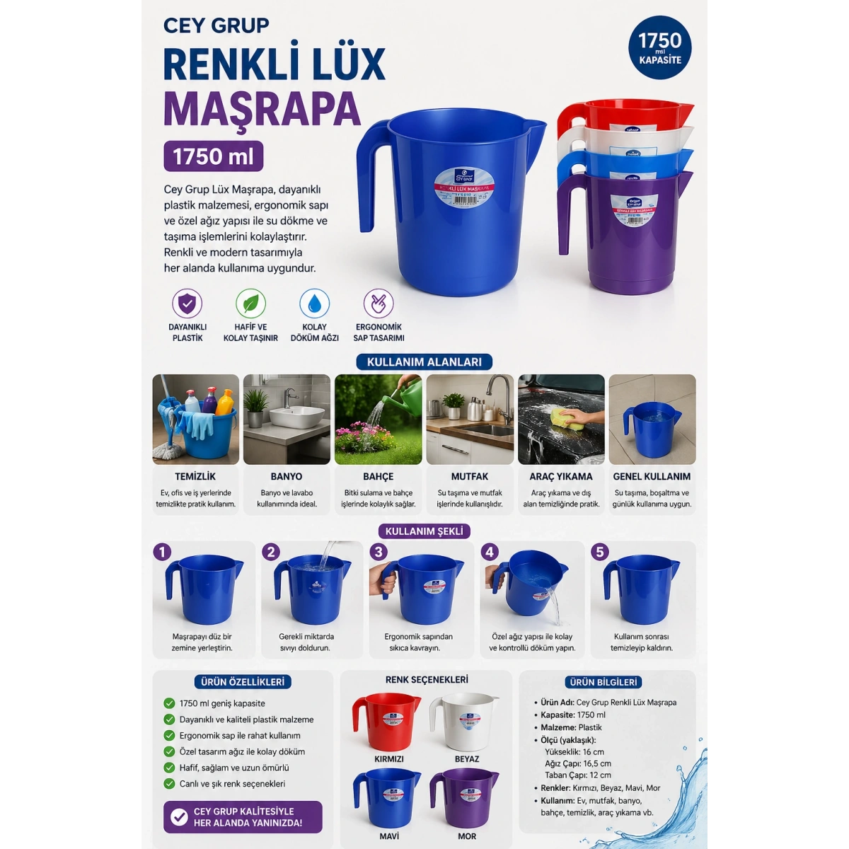Cey Grup Renkli Lüx Maşrapa 1750 ml