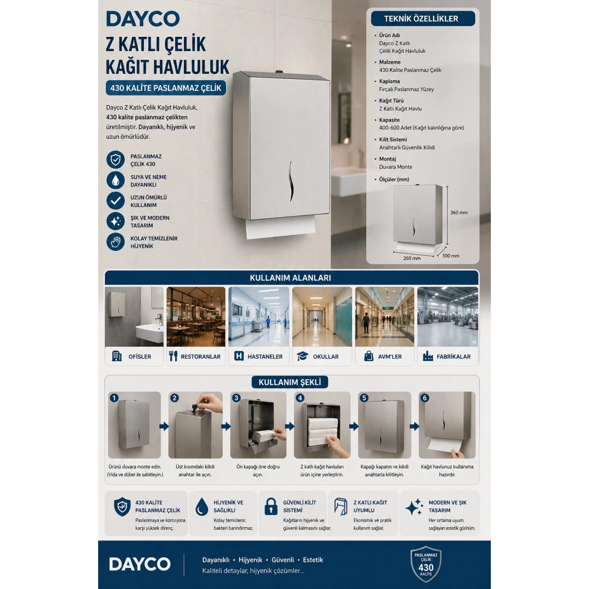 Dayco Z Katlı Çelik Kağıt Havluluk 430 Kalite