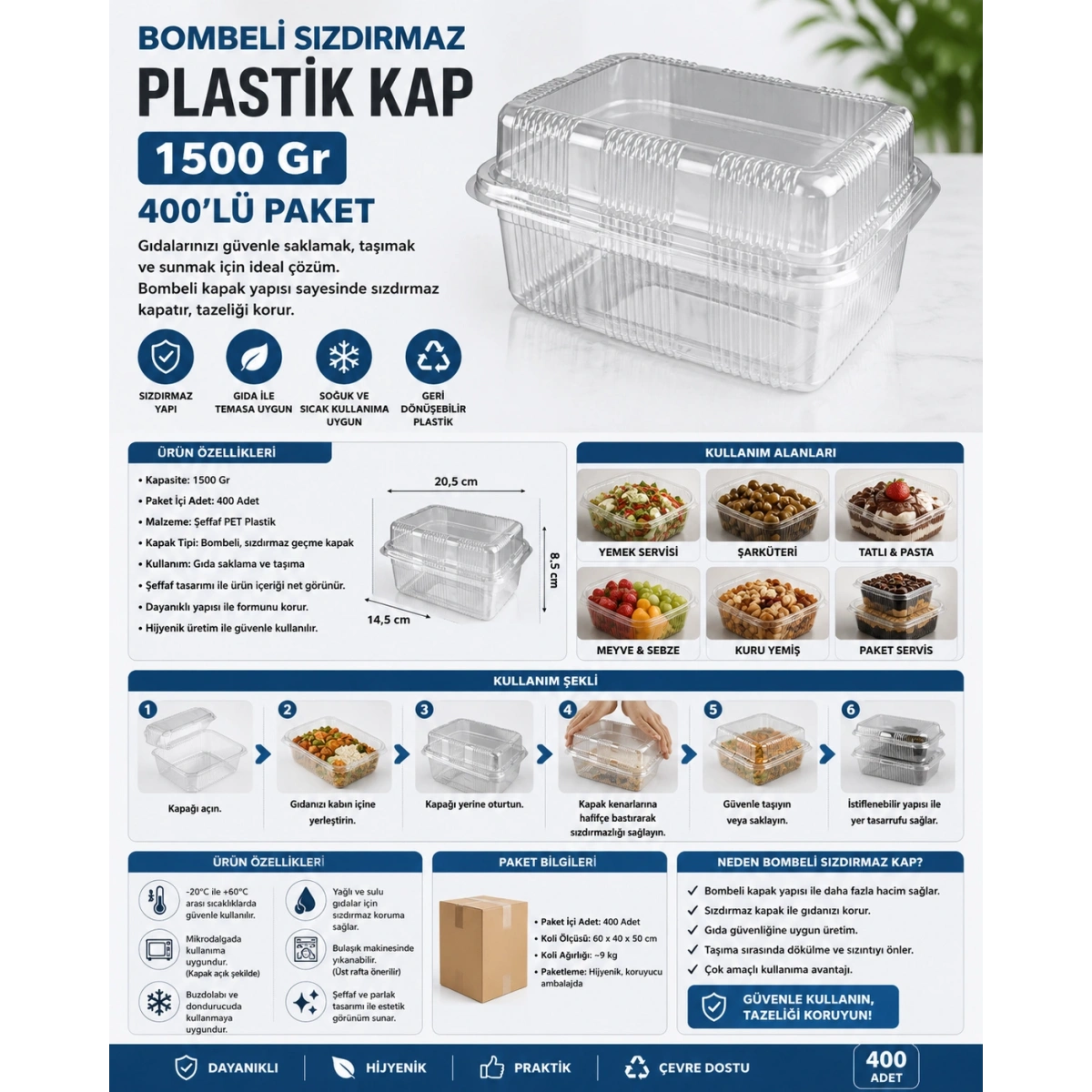 Bombeli Sızdırmaz Plastik Kap 1500 Gr 400lü