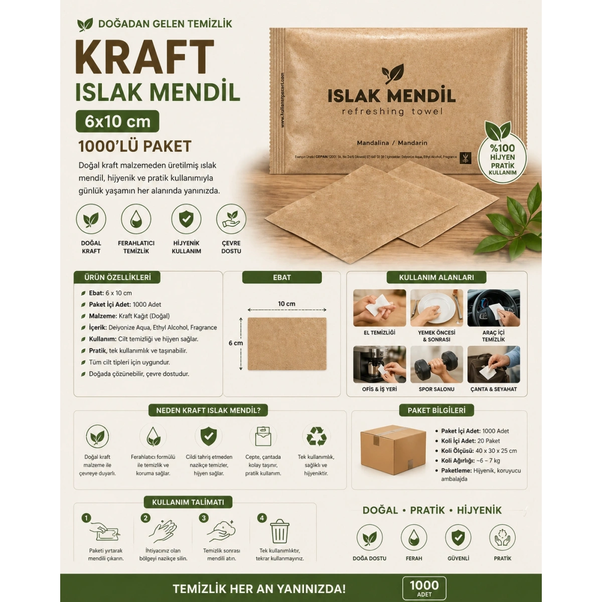 Kraft Islak Mendil 6x10 cm Ebat 1000li