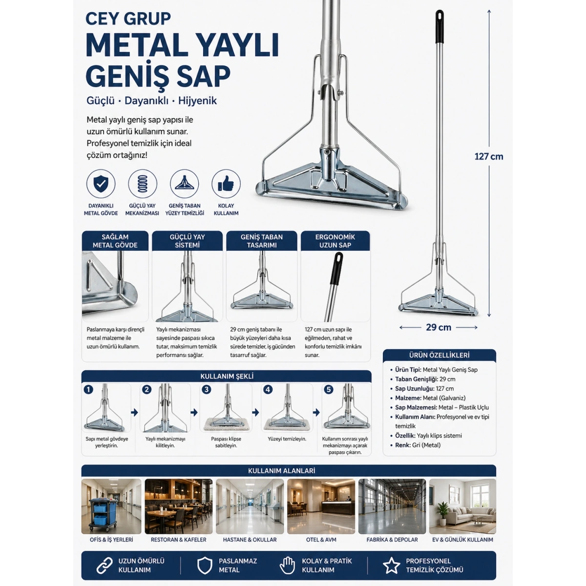 Cey Grup Metal Yaylı Geniş Sap