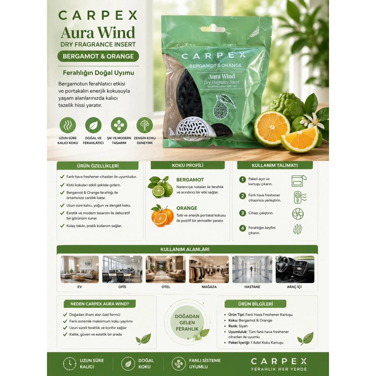 Carpex Aura Wind Siyah Koku Kartuşu Bergamot & Orange